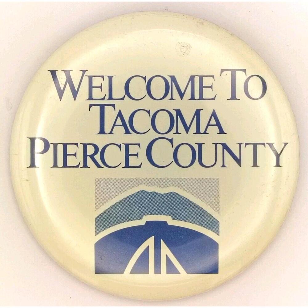 Vintage Souvenir Pinback Button Tacoma Pierce County WA Cream Blue Collectible